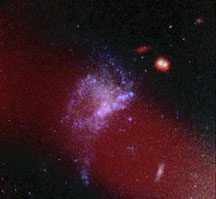 This false-color image incorporates infrared data (invisible to the human eye). The blue regions (essentially the whole of Minkowskis Object) show enhanced star formation. The red background galaxy and two red foreground stars appear in sharp contrast. The red overlay is the radio jet.