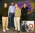 From left are PPPL scientists Weixing Wang, David Mikkelsen, Stephane Ethier, and William Tang with a plasma turbulence simulation in the background. Not pictured is W. W. Lee. Inset: PPPL scientist Greg Hammett.