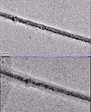 Liquid battery electrolytes make this view of an uncharged electrode (top) and a charged electrode (bottom) a bit fuzzy. Image courtesy of Gu et al., Nano Letters 2013.