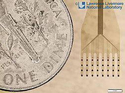 This image gives perspective on how tiny the electrode arrays are when compared to a dime. Graphics by Kwei Chu/LLNL