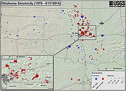 This seismicity map of earthquakes in Oklahoma since 1970 shows activity of at least 3.0 magnitude on the moment magnitude scale with pre-2008 events in blue and post-2008 events in red. (Courtesy of the U.S. Geological Survey)