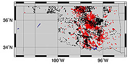 A map of Oklahoma shows earthquakes in red and waste water injection wells in black. (Courtesy of the Virginia Tech Seismological Observatory)