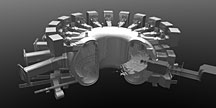 Images of the ITER fusion experiment using a simple (top) and more complex (bottom) ray tracing algorithm that calculates theoretical light interactions, increasing the renderings realism.