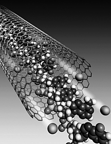 This visualization depicts the flow of ions and DNA through a single-walled carbon nanotube. Instruments based on the concept could one day be a common fixture in doctors’ offices.