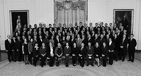 The Presidential Early Career Award winners assemble. President Obama is in the center. Gary Baker is second row from top, extreme left. Melina Kibbe is same row, fifth from left.