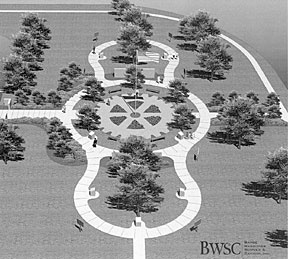 The Secret City Commememorative Walk at A.K. Bissell Park will provide a memorial to participants in the Manhattan Project. The UT-Battelle monument, which will describe X-10 -- The Clinton Laboratories, will be one of 10 such monuments on the self-guided walk. (Image courtesy of the Rotary Club of Oak Ridge)