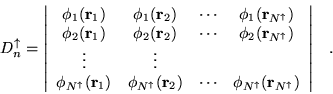 \begin{displaymath}
D_{n}^{\uparrow}=\left\vert \begin{array}{cccc}
\phi_1({\bf...
...row}({\bf r}_{N^\uparrow})\\
\end{array} \right\vert
\;\;\; .
\end{displaymath}