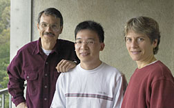 Alex Zettl (left), Xing Chen, and Carolyn Bertozzi have developed a technique for safely interfacing carbon nanotubes with biological cells.