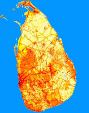 LandScan image of Sri Lanka shows population densities, particularly along the hard-hit eastern coast.