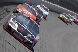 NASCAR driver Kevin Harvick in the No.29 Mr. Goodwrench Chevrolet leads the pack during a recent race at California Speedway.