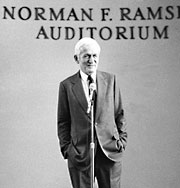 Norman Ramsey speaking at the 1981 dedication of Ramsey Auditorium at Fermilab's Wilson Hall.