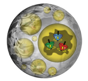 An artist's depiction of quarks as spinning tops inside protons, with the protons embedded in a nucleus.