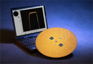 The ORNL-developed Thin-Film Array Slide pictured here allows biological samples such as proteins, whole cells or tissue samples to be analyzed in an environment where the samples can retain their native chemical activity. The technology is powered by thin film lithium batteries, the two gray squares on the gold disc shown here.