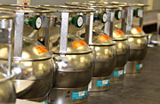Storage canisters in a lab hold emission from cars that got a taste of more ethanol in their tanks.