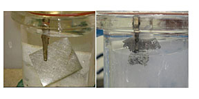 Aluminum electrode before (left) and after reaction (right) in NaAlH4/THF.