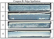 Edge and surface photographs of a coupon after cumulative 400 thermal heat treatment hours at 1100 deg. C