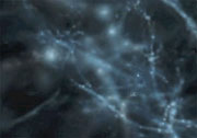 Cosmic dust and dark matter gather together in this image from a computer simulation of galaxy formation.
