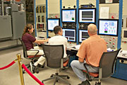 The Los Alamos criticality team at the Planet control panel in Nevada. From left, Joetta Goda, Rene Sanchez and David Hayes, all members of LANL's Advanced Nuclear Technology group.