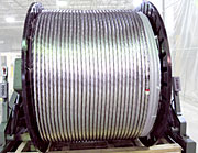 Superconducting strand is cabled at New England Wire Technologies on 2.5 meter wide by 2 meter tall spools before shipment to Florida for conductor jacketing. Photo: NEWT.