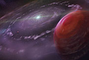 Artist's rendering of the planetary system HR 8799 at an early stage in its evolution, showing the planet HR 8799c, a disk of gas and dust, and interior planets. Image courtesy of Dunlap Institute for Astronomy & Astrophysics; Mediafarm.