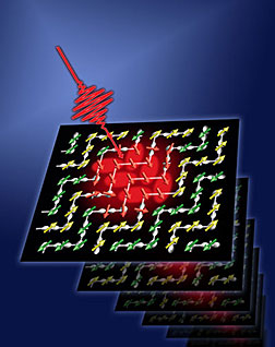 Magnetic structure in a colossal magneto-resistive manganite is switched from antiferromagnetic to ferromagnetic ordering during about 100 femtosecond (10-15 s) laser pulse photo-excitation. With time so short and the laser pulses still interacting with magnetic moments, the magnetic switching is driven quantum mechanically – not thermally. This potentially opens the door to terahertz (1012 hertz) and faster memory writing/reading speeds.