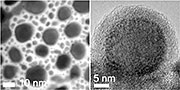 Left: Multiple gold-indium alloy nanoparticles at room temperature. Right: One nanoparticle's crystalline gold-indium core surrounded by the amorphous catalytic oxide shell.