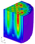 This CASL visualization shows the thermal distribution of neutrons in Watts Bar Unit 1 Cycle 1 reactor core at initial criticality, as calculated by the VERA program.