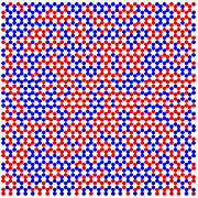 Magnetic charge map: A map of the crystallites of ordered magnetic charges in honeycomb artificial spin ice. The red and blue dots correspond to vertices belonging to each of the two degenerate magnetic change-ordered states. Image by Ian Gilbert, U. of I. Department of Physics and Frederick Seitz Materials Research Laboratory.