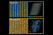 Conventional layered lithium and transition metal cathode material (top) and the new disordered material studied by researchers at MIT and Brookhaven (bottom) as seen through a scanning tunneling electron microscope. Inset images show diagrams of the different structures in these materials. (In the disordered material, the blue lines show the pathways that allow lithium ions to traverse the material.)
