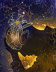 This illustration shows a man suffering from a migraine, overlain with a rendering of the human serotonin receptor bound to ergotamine, an anti-migraine drug. Also shown is a rendering of a neuron network. Scientists used SLAC's Linac Coherent Light Source X-ray laser to explore crystallized samples of the serotonin receptor, which is a type of G protein-coupled receptor. GPCRs regulate many important functions in human physiology; serotonin, for example, is a neurotransmitter that regulates mood, appetite and sleep. (Katya Kadyshevskaya/The Scripps Research Institute)
