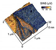 This peptoid nanosheet, produced by Gloria Olivier and Ron Zuckerman at Berkeley Lab, is less than 8 nanometers thick at points. SINS makes it possible to acquire spectroscopic images of these ultra-thin nanosheets for the first time.