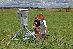 Los Alamos scientist Heath Powers, foreground, and on-site technician Vagner Castro work on field equipment for measuring carbon dioxide and water vapor near areas of human habitation in Brazil.