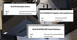 Screenshots of three of SLAC’s first five Web pages (front), hosted by the first U.S. Web server (background). SLAC’s earliest websites were posted between Dec. 6 and Dec. 12, 1991, and were the first in North America. They are now available to browse once again in Stanford Wayback. (SLAC National Accelerator Laboratory)