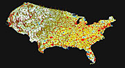 This 3-D visualization represents projected changes in U.S. population between 2010 and 2050 as predicted by a new Oak Ridge National Laboratory model. Areas seen in red indicate higher levels of population growth, whereas the vertical spikes signify population growth with new land development.