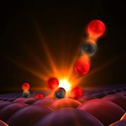 This illustration shows atoms forming a tentative bond, a moment captured for the first time in experiments with an X-ray laser at SLAC National Accelerator Laboratory. The reactants are a carbon monoxide molecule, left, made of a carbon atom (black) and an oxygen atom (red), and a single atom of oxygen, just to the right of it.