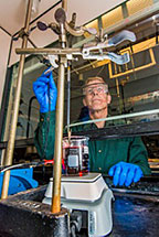 Graham Yelton and Sandia National Laboratories colleagues have developed a single electroforming technique that tailored key factors to better thermoelectric performance: crystal orientation, crystal size and alloy uniformity. Yelton is among Sandia’s researchers who published a paper, “Using Galvanostatic Electroforming of Bi1-xSbx Nanowires to Control Composition, Crystallinity and Orientation,” in the Jan. 28 edition of the Materials Research Society’s MRS Bulletin. (Photo by Randy Montoya)
