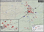 This seismicity map of earthquakes in Oklahoma since 1970 shows activity of at least 3.0 magnitude on the moment magnitude scale with pre-2008 events in blue and post-2008 events in red. (Courtesy of the U.S. Geological Survey)