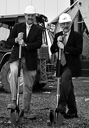 Fundamental Physics Neutron Beam lead engineer Rick Allen (left) and principle investigator Geoff Green at the groundbreaking for the beam line’s extension to the SNS target building.