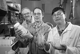 Baohau Gu (right) headed development of the perchlorate treatment system. Also shown are Peter Bonnesen (center) and Gilbert Brown.