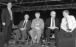Fielding questions from the Einstein in the City audience May 18 are, from left, Bill Madia, Morris Tanenbaum, Norbert Holtkamp, Michael Turner and Carlo Rubbia.