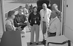 ORNL paramedic Bill Longworth (left) shows the Labs new ambulance to Jeff Smith, Mike Masters (behind Jeff),  David Baity, Carol Scott, Dr.  James Phillips, Donnie Bentley and Herb Debban.