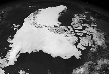 The Northwest Passage, seen running vertically at center right, was ice-free for the first time in history last September.